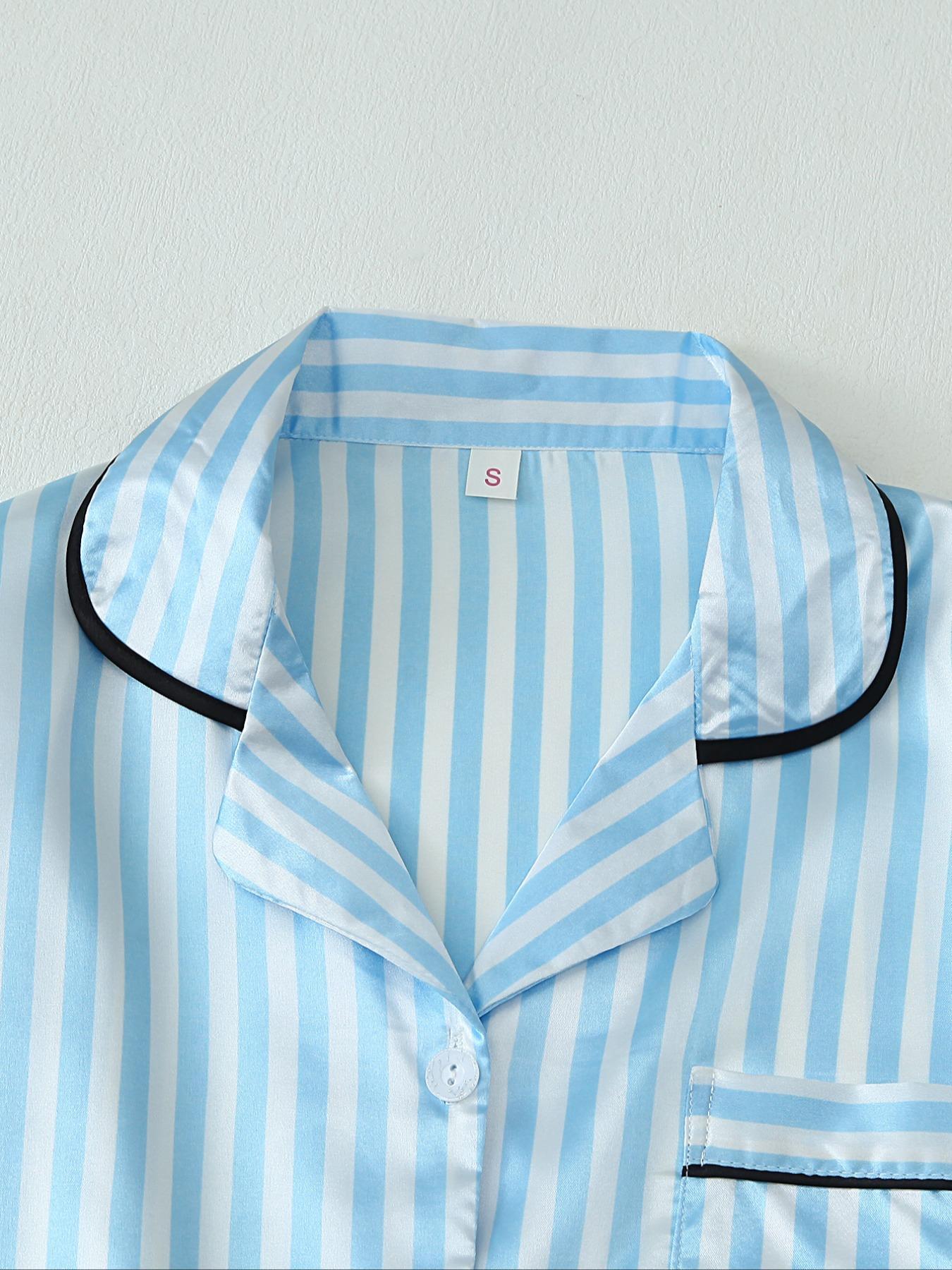 Two-Piece Set Women's Striped Print Lapel Neck Pocket Shirt & Bow Decor Pants Satin Pyjama, Long Sleeve Button Up Top & Trousers PJ Set, Women's Sleepwear for Spring & Fall