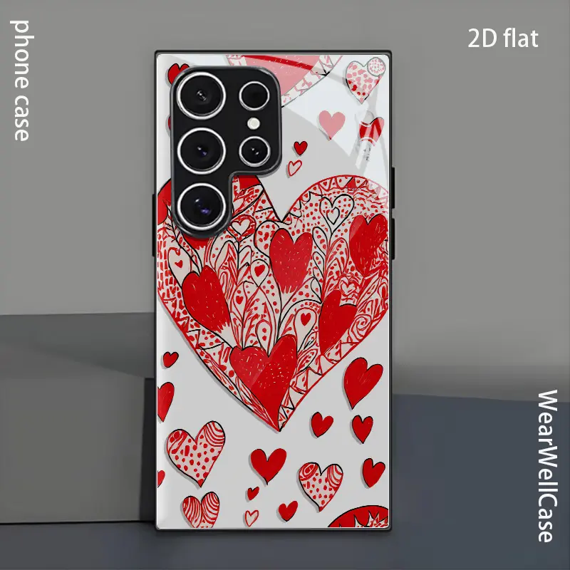 Phone Case: Red Hearts with Intricate Patterns and Doodle Designs Black Tempered Glass Phone Case, for Galaxy S26 S25 S24 S23 S22Pro S21 S20 Fe Plus Ultra Pro A56 A55 A54 A53 A52 A51 A36 A35 A34 A32 A26 A25 A24 A23 A16 A15 A14 A06 A05 A03s