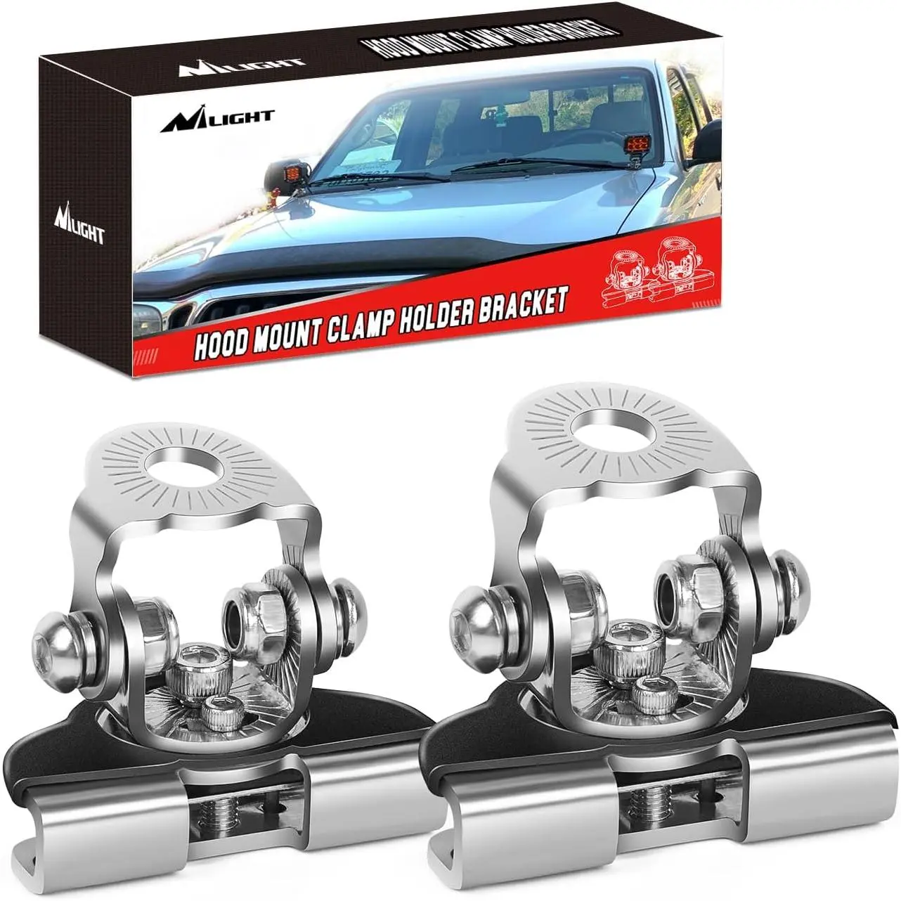 Nilight 2PCS 8mm Stainless Steel Universal LED Light Bar Hood Mounting Brackets, Adjustable Pillar Work Lamp Clamp Holders, Car & Auto Parts Accessories for Off-Road Trucks (Silver), Car Accessories