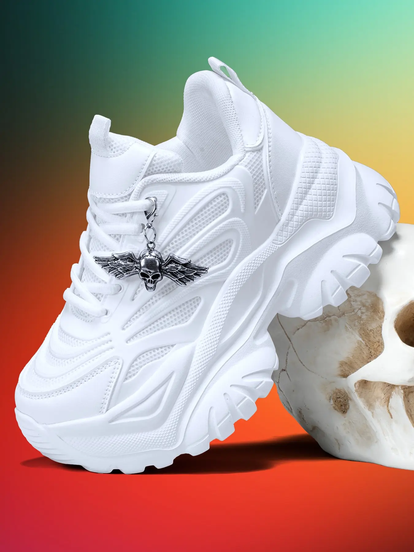 Lightweight Eva Thick Sole 7cm Women's Outdoor Sports Shoes, Detachable Silver Color Angel Skull Charm, Casual All-Season Wear