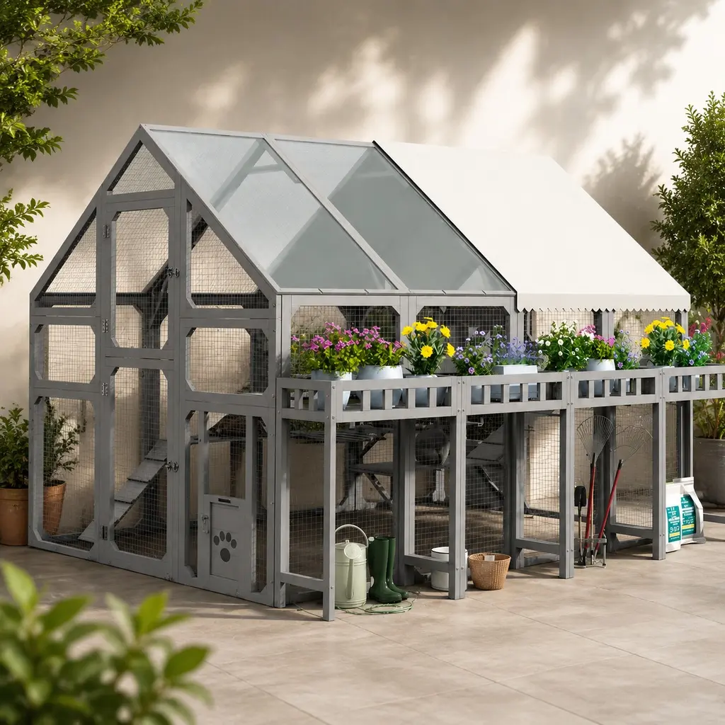 Extra Large Pine Wood Outdoor Cat House with Waterproof Roof, Split Doors, Planter Stand, Multi-Level Catio Cage for Multiple Kittens, Grey