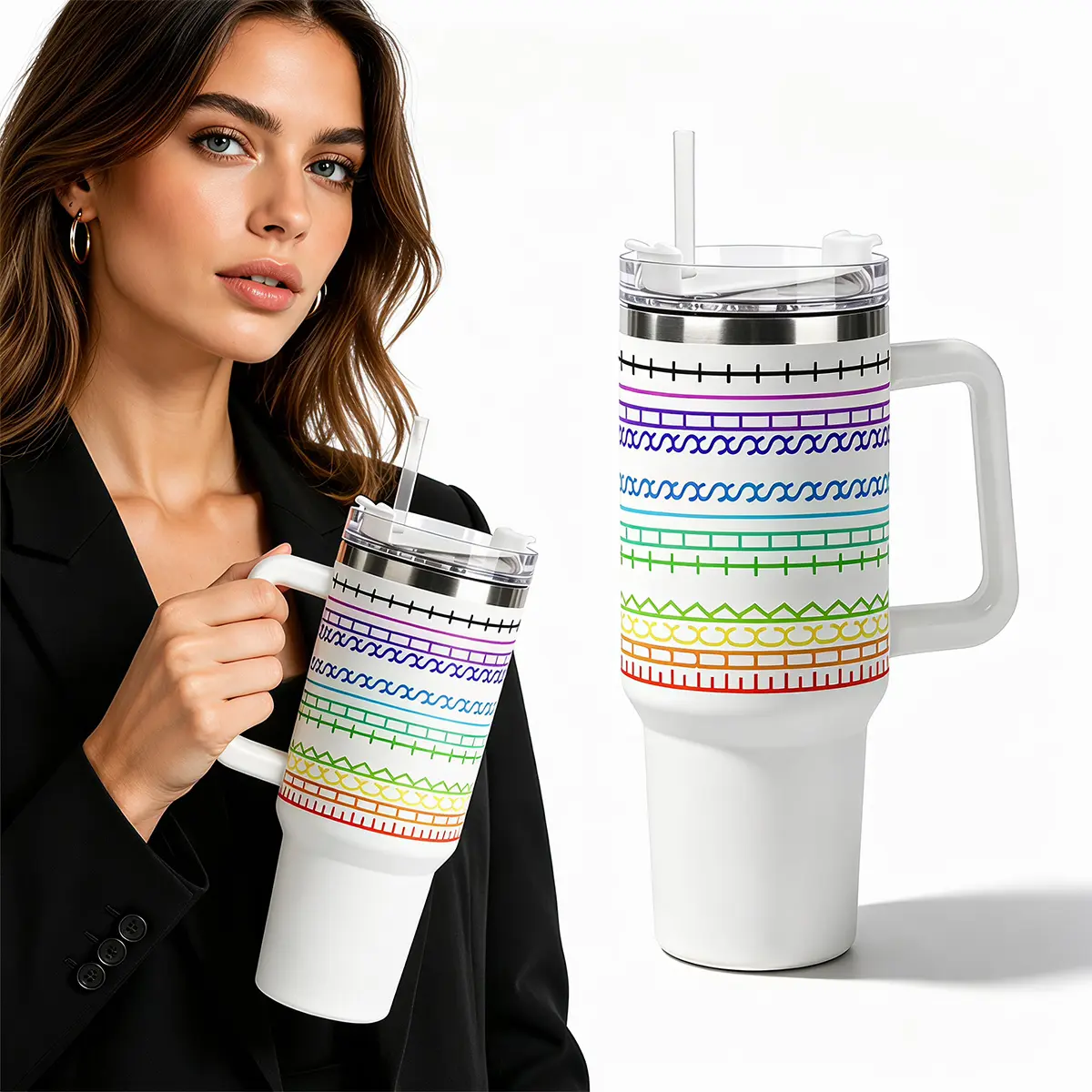 40oz Stainless Steel Insulated Tumblers With Lids And Straws, Large Tumbler With Handles, Travel Cold Coffee Tumbler Mug, Water Bottles, Hot Drinking Cup, Unique Birthday Gift for Women Men, White