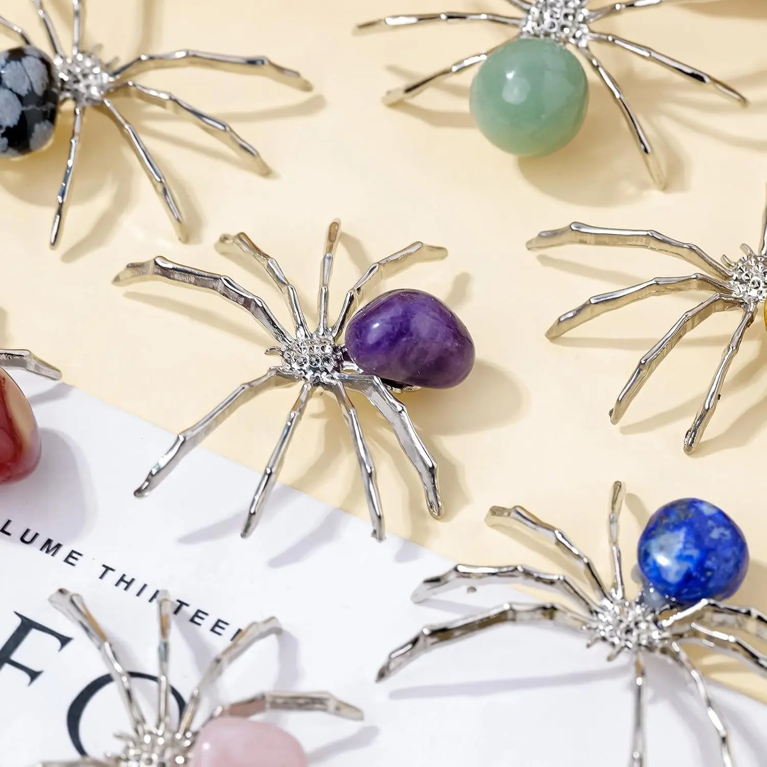 9PCS Polished Finish Natural Crystal Stone Silver Alloy Spider Shape Hand-Made Decor, 1.96in - Halloween Home Decor Gift (Kitchenware Tableware Placemat & Coaster Accent)