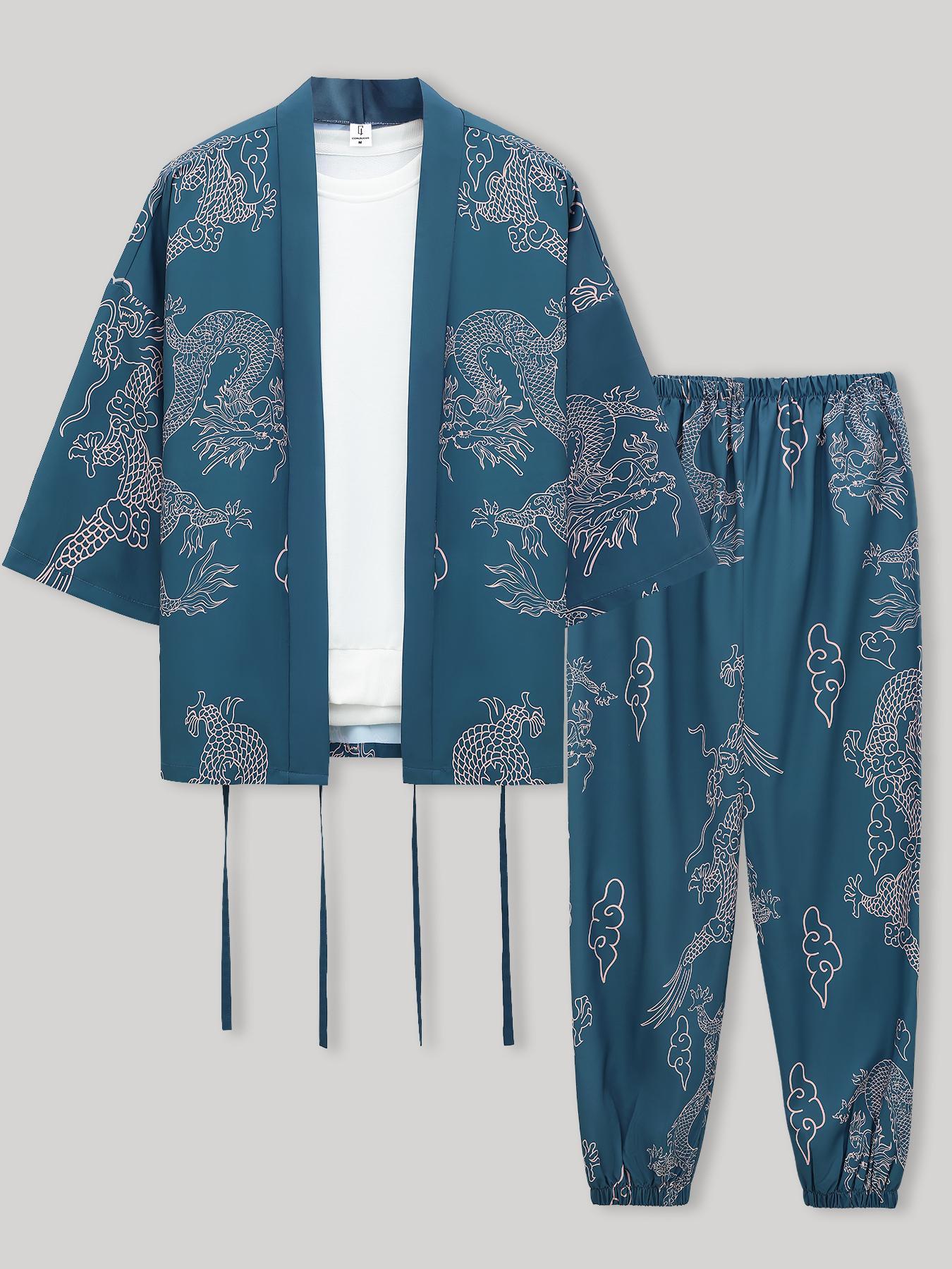 Men's Loong Print Lounge Set, Casual Comfy  Long Sleeve Top & Pants Loungewear Set, Men Sleepwear Pajama for All Seasons