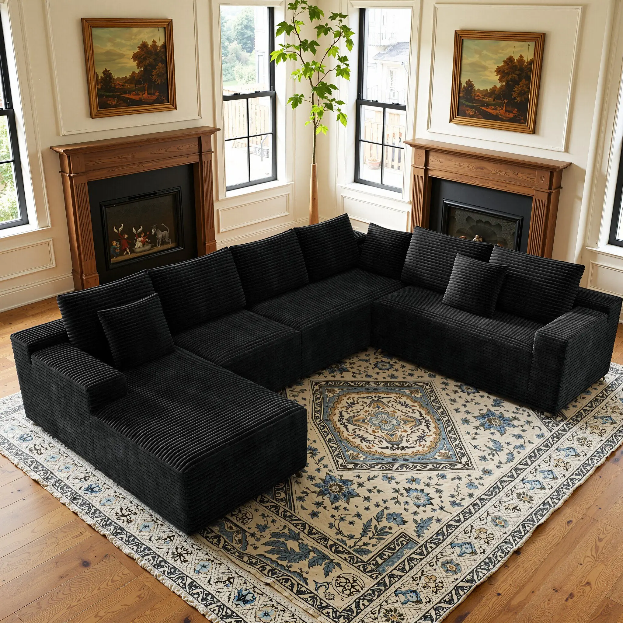 Oversized 132" Boneless Modular U-Shaped Sectional Couch, Huge 8-Seater Black Corduroy Deep Seat Comfy sofaCorner Couch With  Chaise Lounges For American Large Family LivingRoom Couch NoAssembly Required Free Combination【3or4 Packages shipping】