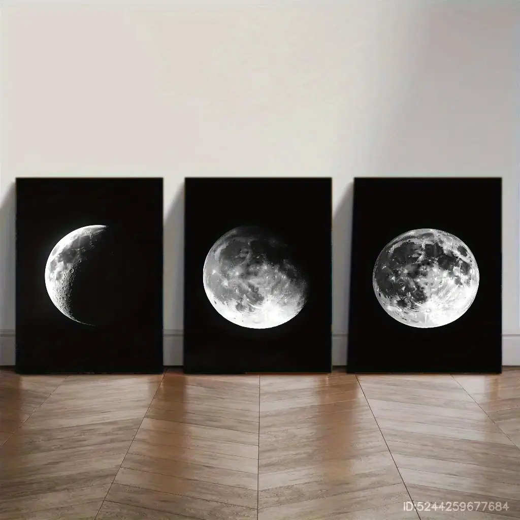 3-Piece Moon Phase Canvas Art Set - Black and White Framed Wall Decor, Suitable for Living Room, Office, Bar, Cafe - Modern Minimalist Design with Full Moon and Half Moon Prints - Pine Wood Frame, Ink on Canvas, Home and Dorm Aesthetics, Moon Decoration