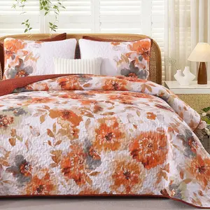 Floral Set King Size - 3 Pieces Orange Watercolor Botanical Bedspread Coverlet Set with 2 Pillowcases, Lightweight Soft Bedding Set for All 108"x92"