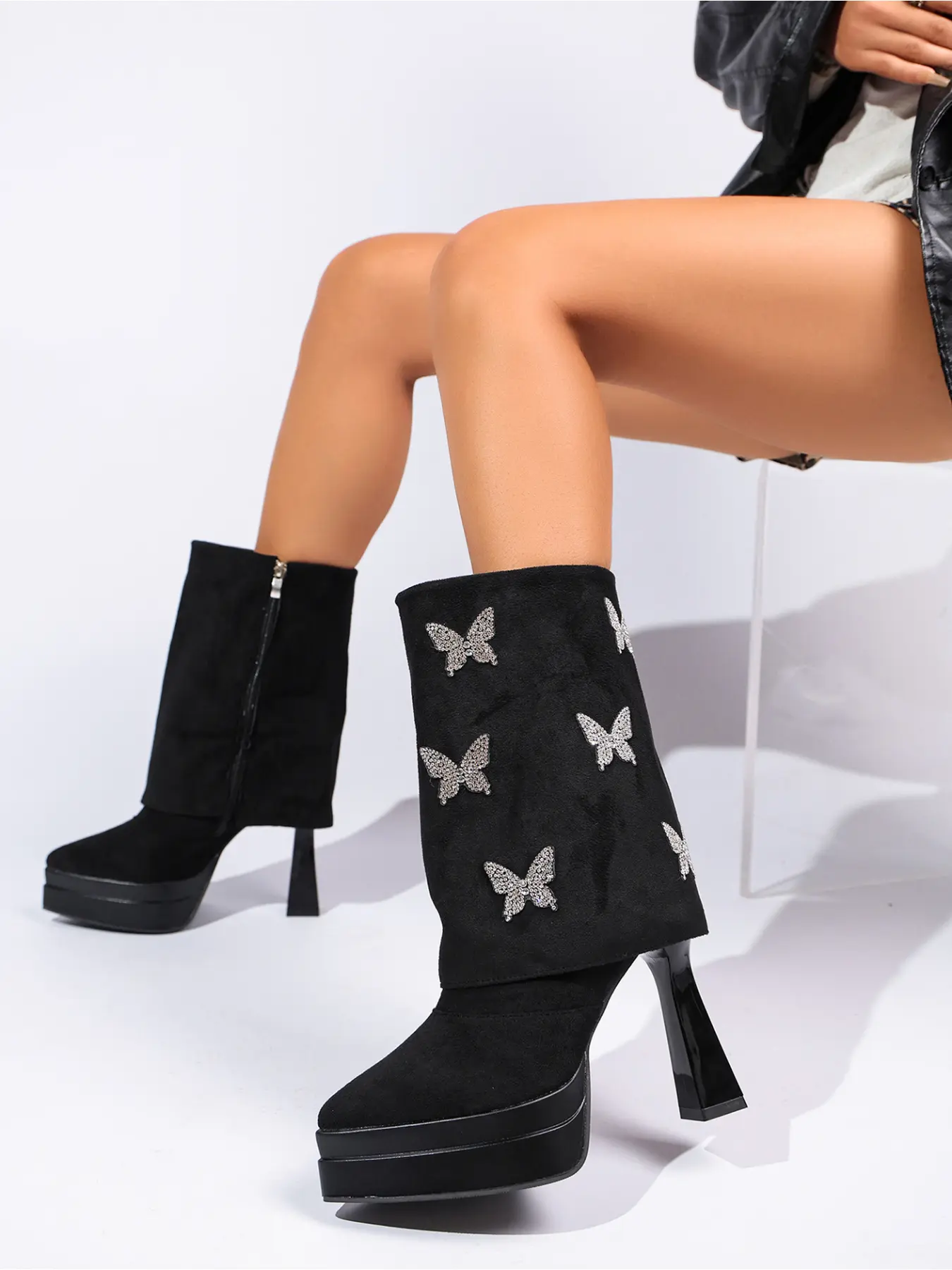 New Women Fashion Mid Calf Boots Rhinestone Butterfly Applique Fold Over Shaft Pointed Toe Double Platform Chunky Block High Heel Side Zipper Suede Boots Two Color Options For Club Party Night Out Daily Wear