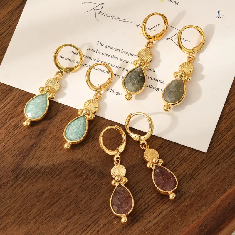 Vintage Court Style Water Drop Natural Stone Dangle Earrings Made of Brass Plated Metal, Smooth Polished Daily Ear Jewelry, Lightweight Wearable Ear Accessory Suitable For Women Daily Matching And Festival Casual Small Gift