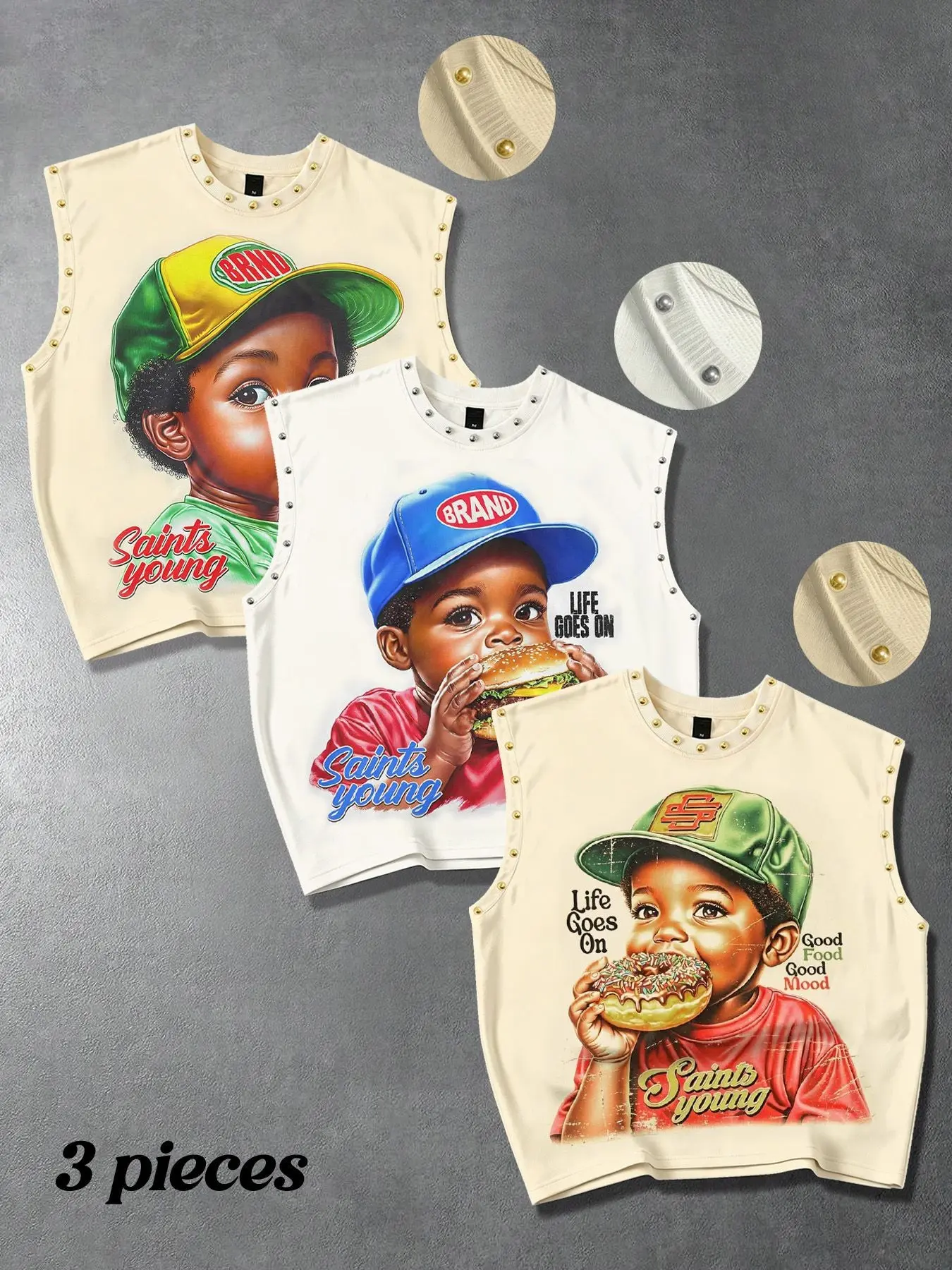 Three-piece combination trendy brand men's T-shirt loose burger donut lollipop little boy fun cartoon Graphic print women's vest short version men's sleeveless T-shirt street punk vest men's three-piece, bead decoration daily street party