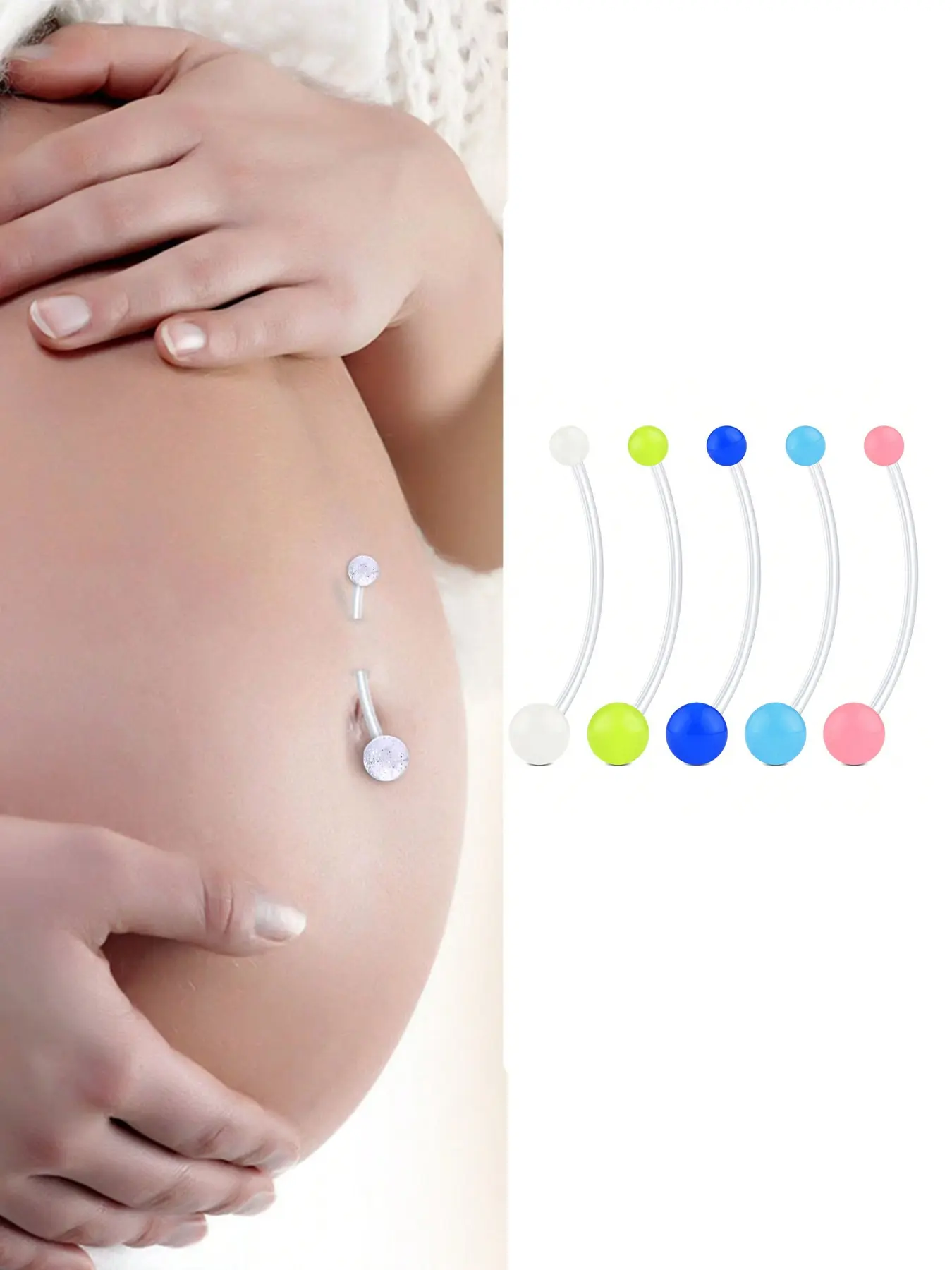 5pcs/set Plastic Pregnant Women Navel Rings, Belly Button Ring, Long Stem Style, Transparent & Flexible, 14g, 38mm, Ideal for Sports Wear
