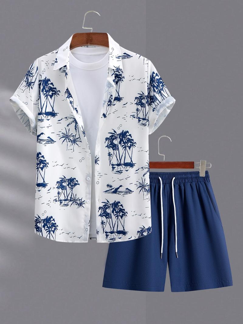 Men's Coconut Tree Print Shirt & Shorts Set, Regular Fit Casual Short Sleeve Button Up Top & Drawstring Waist Shorts, Men's Summer Outfits