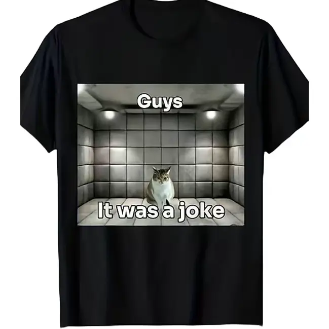 Guys It Was A Joke Jail Cat Viral Meme Graphic Print Short Sleeve T-Shirt, Unisex Summer Vacation Back To School Relatable Funny Cat Casual Tops For Daily Hangout, 100% Pure Cotton Printed Craft Summervibes Tee, Soft Breathable Loose Fit Everyday Outfits
