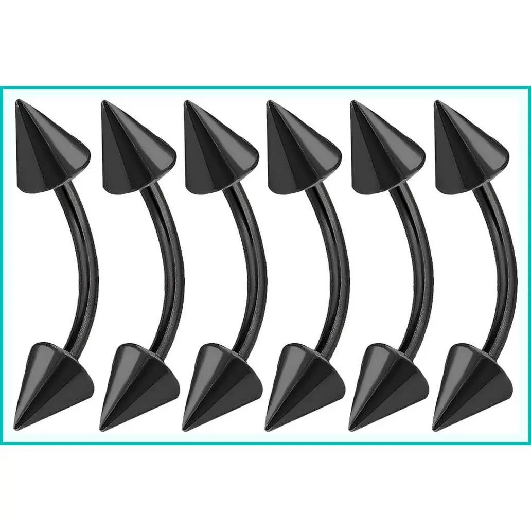 6pcs 16G Curved Barbell Earrings for Cartilage, Lip, Tragus, Eyebrow, Forward Helix, Conch, Daith, Vertical Labret Black Spike Body Piercing Jewelry