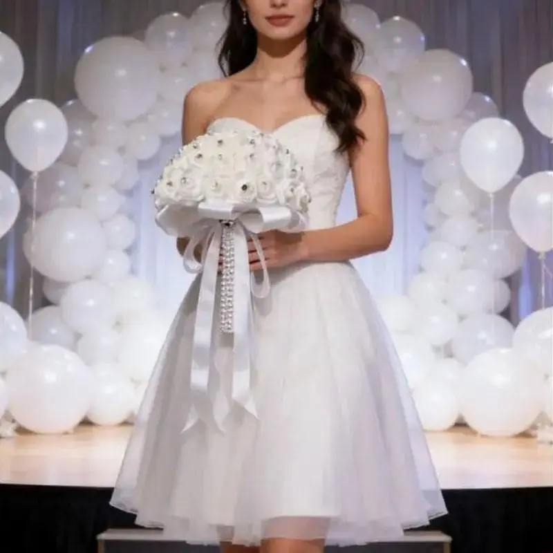 Simulated Rose Wedding Bouquet - White Artificial Flowers as Souvenirs, Artificial Flower Decoration, Suitable for Maid of Honor Parties. Eternal Silk Flower Arrangement for Anniversary Celebration. A Decorative Gift for Her. Bride Accessories