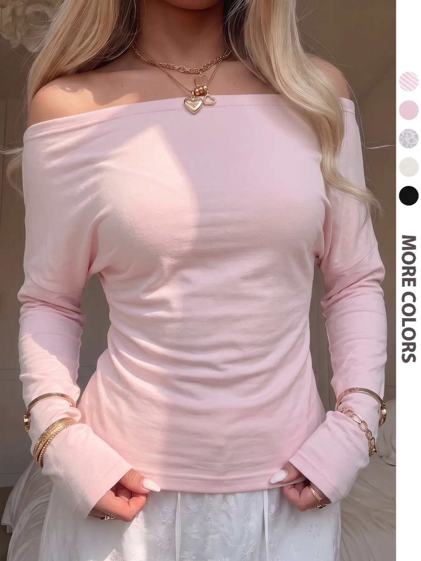 Women's Striped Off Shoulder Long Sleeve Top, Batwing Sleeve Fitted Waist Long Sleeve T-Shirt, Soft Slightly Stretch Fabric, Casual Daily Outfit Suitable For Date And Vacation, Suitable For All Seasons, Multiple Colors Available