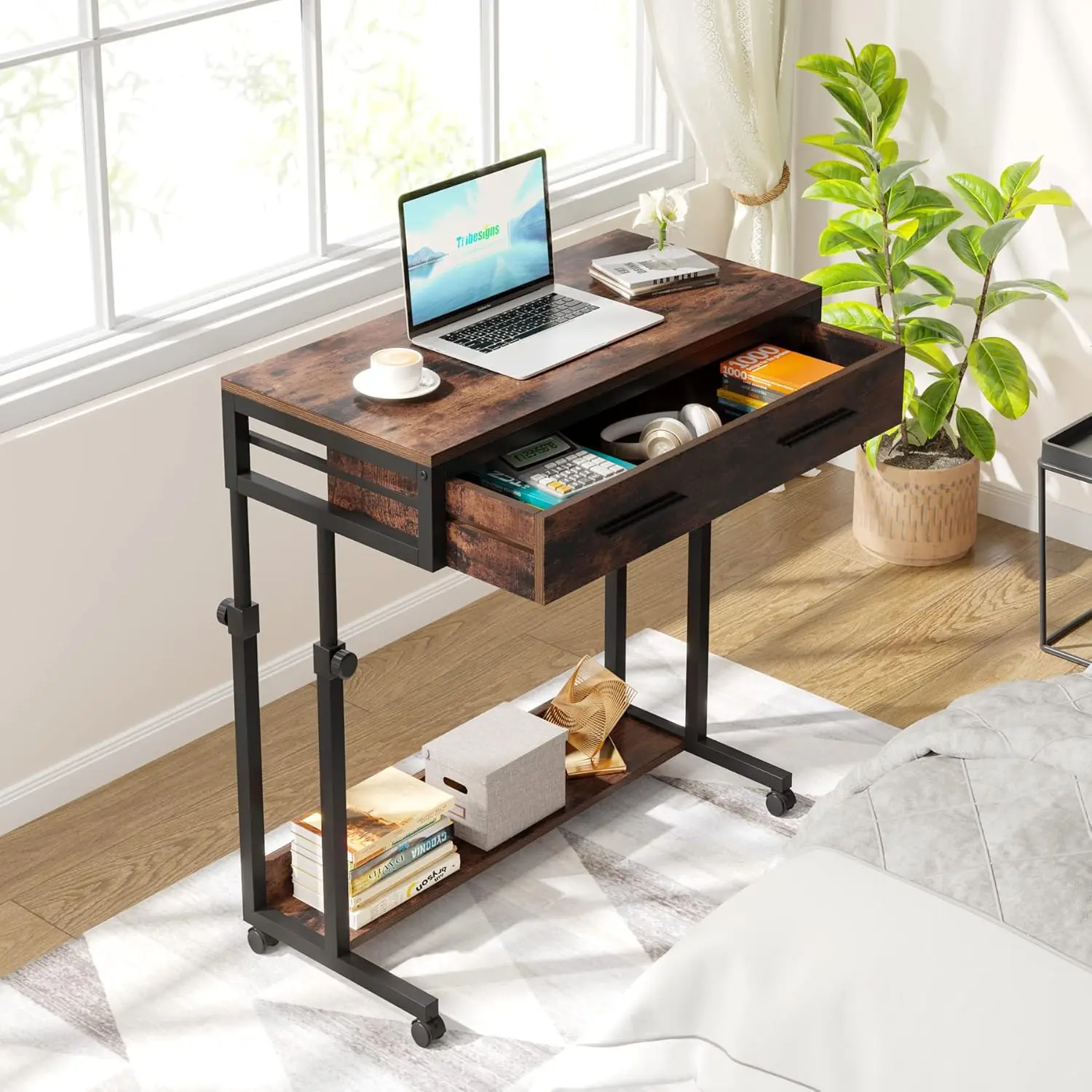 LustreC Portable Rolling Desk with Drawers & Wheels - Small Mobile Office Desk, Sofa Side Table for Home Office Use