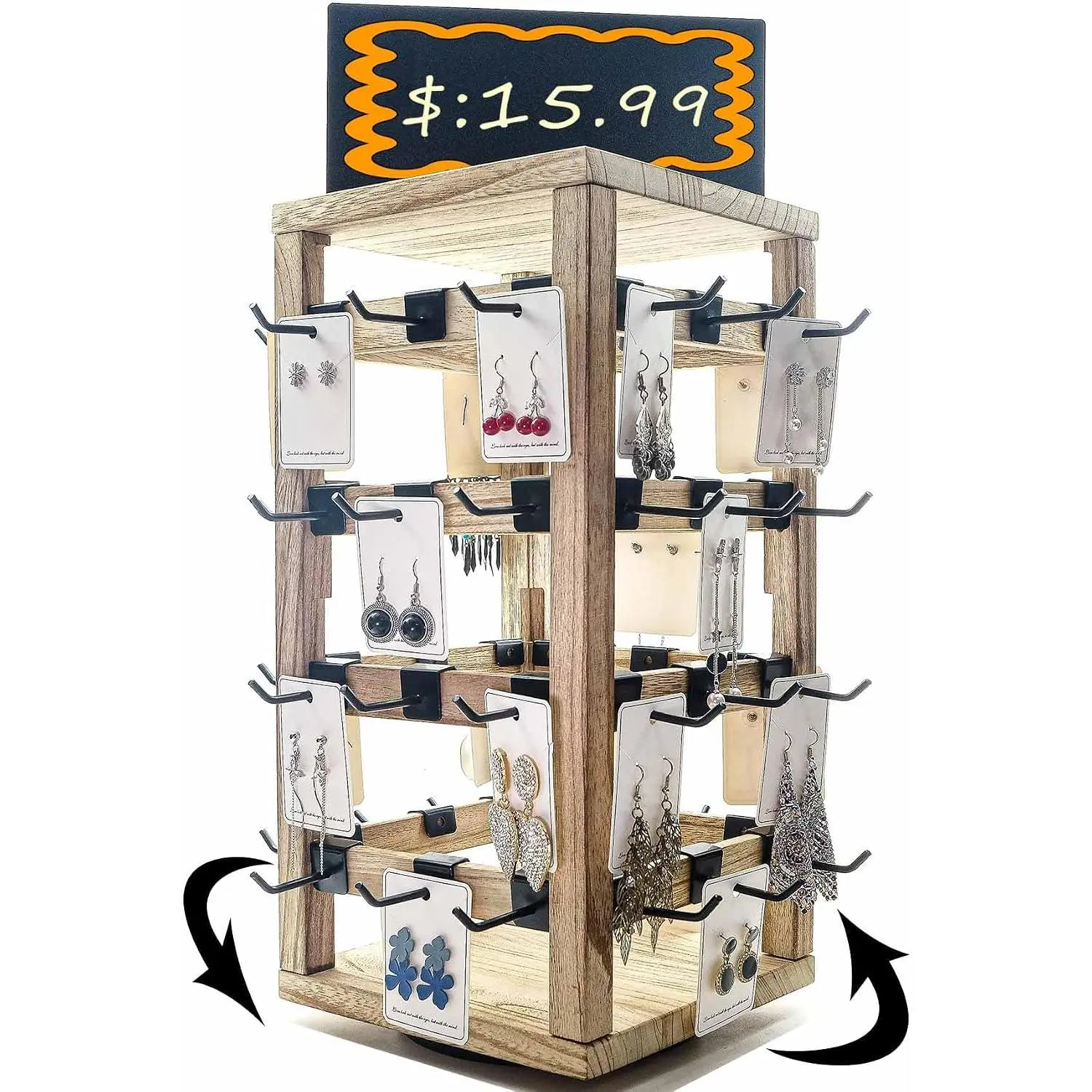 Rotating  Stand-48 Removable Hooks & Ad Board For Vendor(Brown) | Wooden. For Earrings, Necklaces, Bracelets, And Keychains. For Retail Stores, Craft Shows,  Storage
