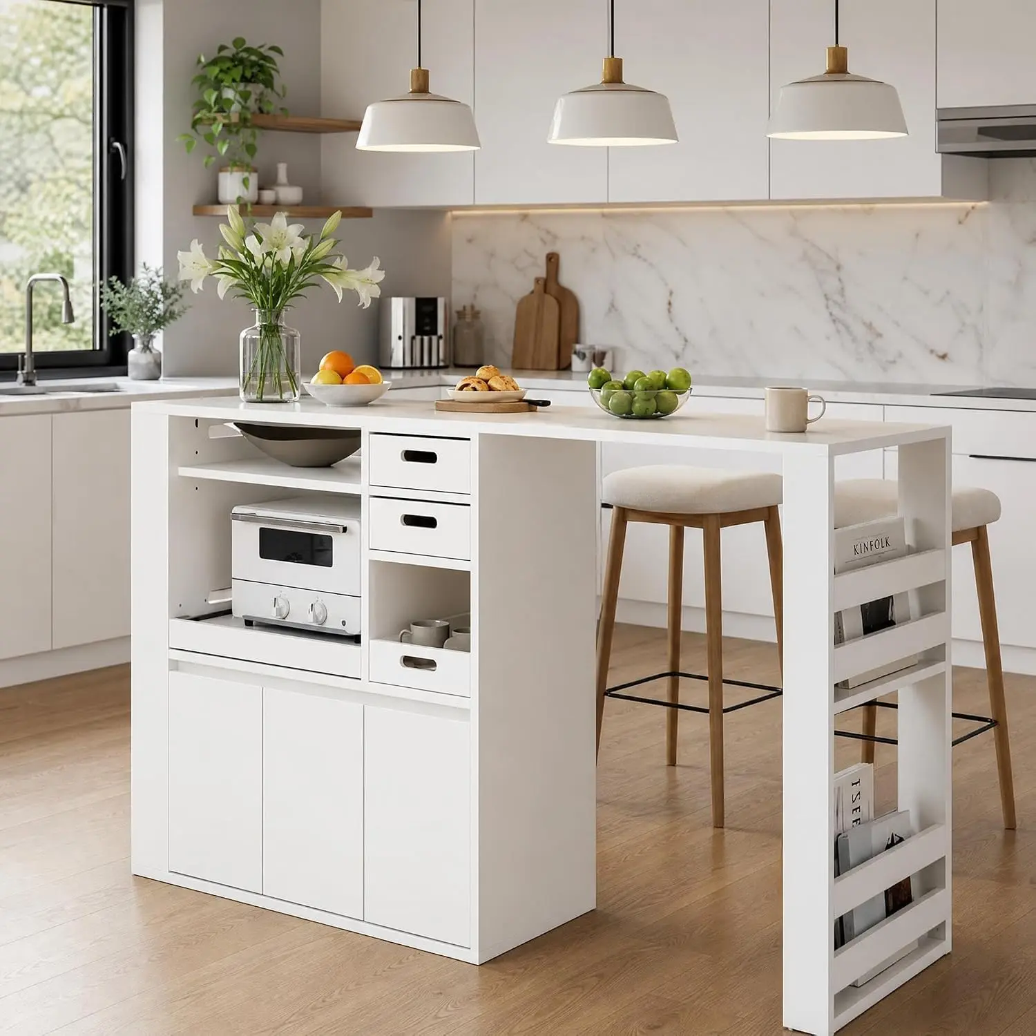 Extendable Kitchen Counter, Microwave Shelf with Drawer & Cable Slits, Wood Grain Top, Storage Rack for Living Room