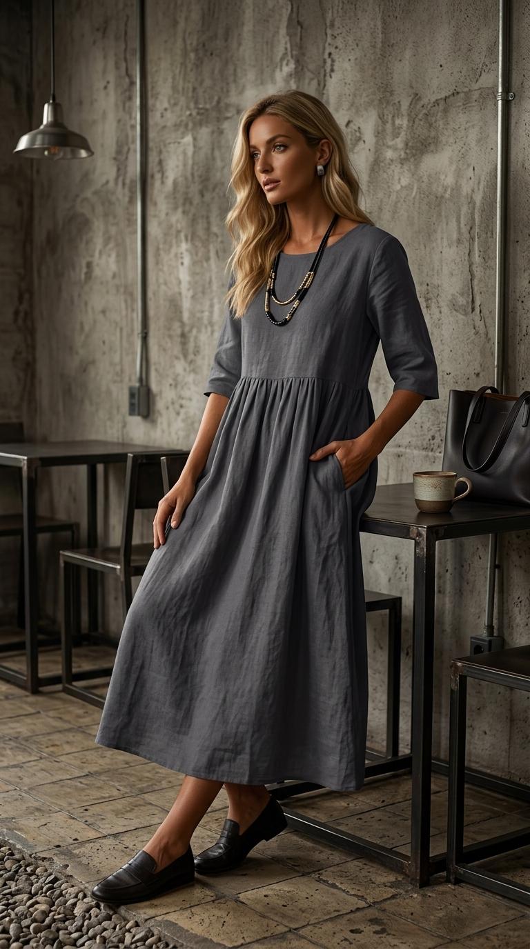 2026 Spring/Summer Round Neck 3/4 Sleeve Plus Size Casual Loose Long Solid Color Cotton Linen Dress