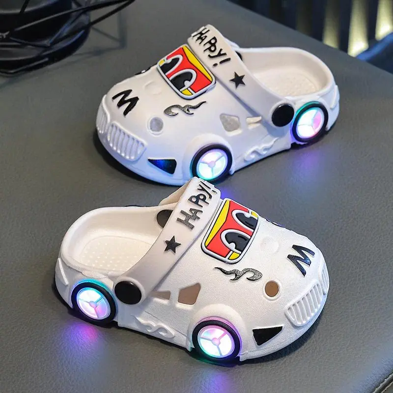 Children's Slippers 2026 Summer New Boys' Car Shaped Wheels Will Light Up Anti Slip Soft Bottom Baby Beach Slippers