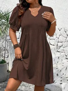 Summer New Women's V Neck Bubble Sleeve Dress, Casual Loose Solid a Line Short Skirt, Fashionable and Comfortable Summer