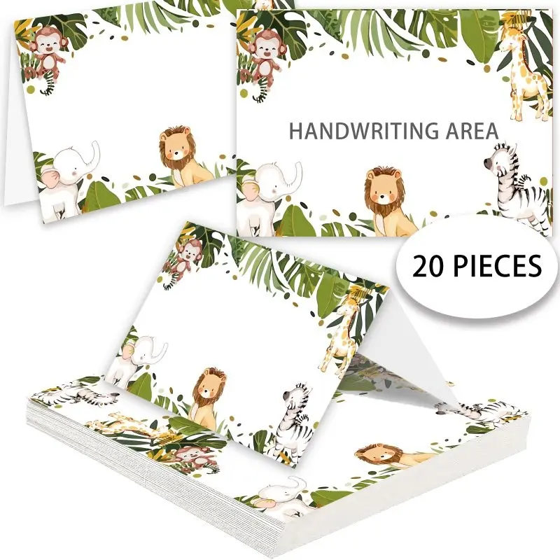 20Pcs Jungle Animal Foldable Blank Note Cards, Seating Cards,Safari Lion & Giraffe DIY Handwriting Wish Cards, Thank You Stationery Supplies For Baby Shower And Wild One Themed Parties