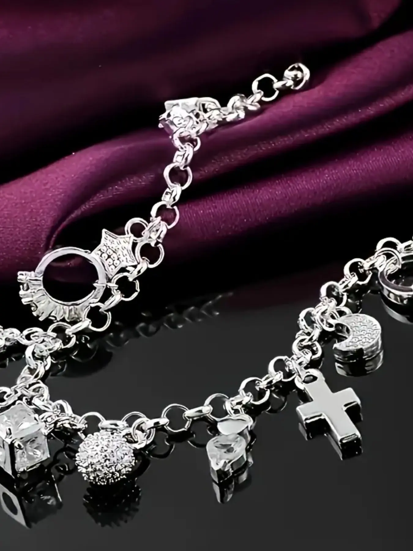Alloy Silver Charm Bracelet With Cross Heart Moon Dice Handcuff Key Rhinestone Pendants Adjustable Chain Stackable Y2K Punk Gothic Wrist Jewelry Trendy Accessories For Women Teen Girls Daily Club Party Hip Hop Fashion Jewelry Gift For Her