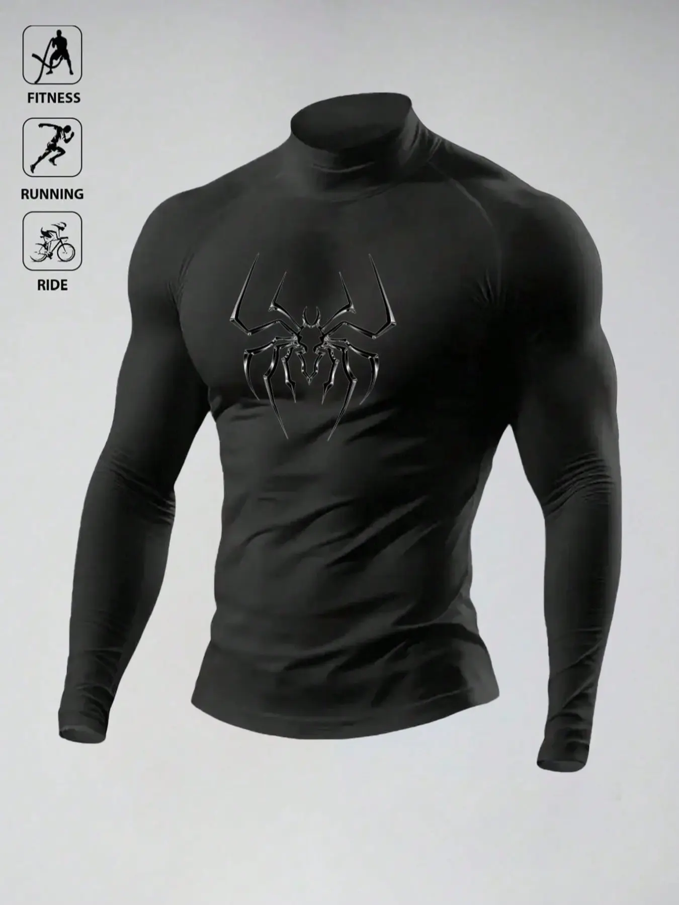 Men's Spider Print Half High Neck Tight Long Sleeve Top, Quick-Dry Sport Underwear, Elastic Raglan Sleeve Gym Shirt, Breathable Fabric