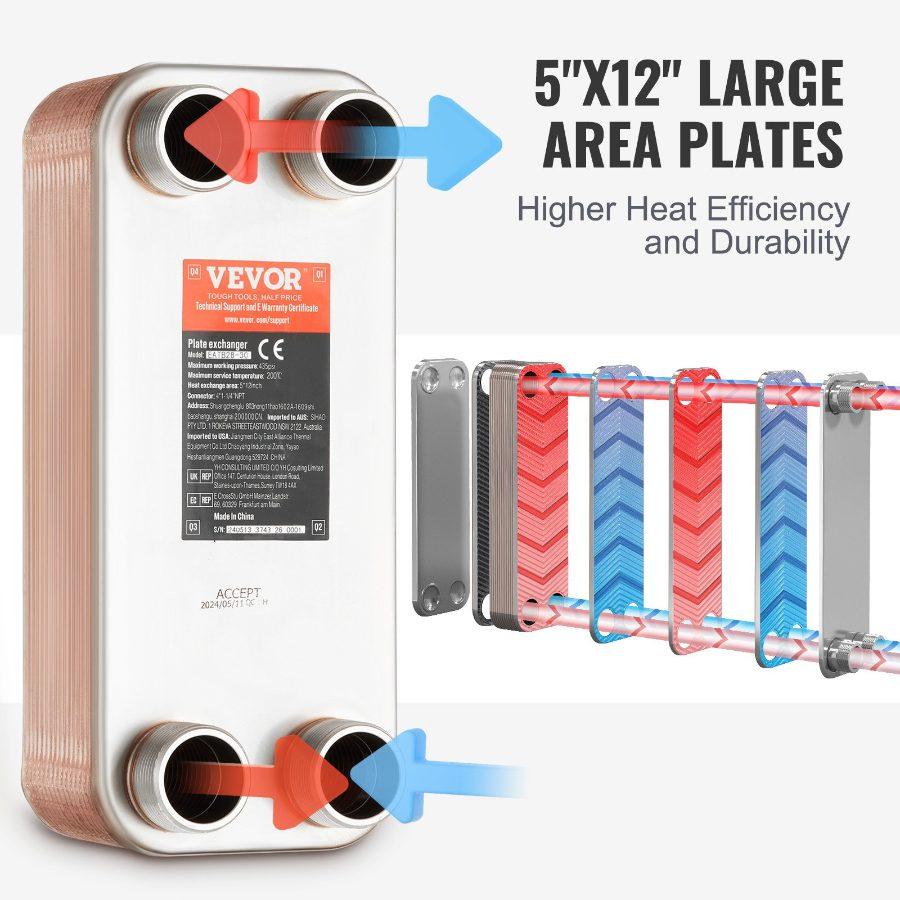 VEVOR Heat Exchanger, 5x 12 30 Plates Brazed Plate Heat Exchanger, Copper/316L Stainless Steel Water To Water Heat Exchanger For Floor Heating, Water Heating, Snow Melting, Beer Cooling