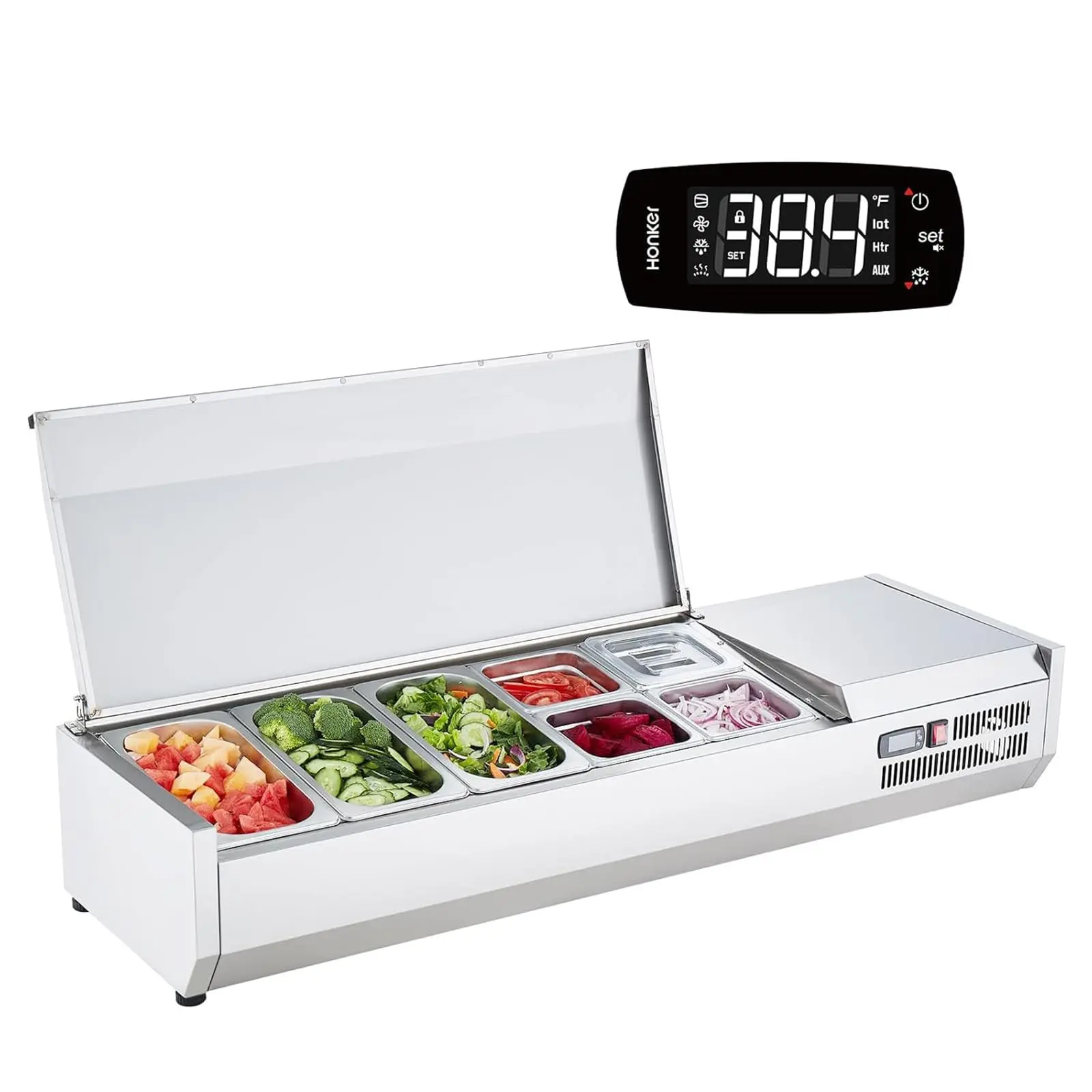 Stainless Steel Desktop Refrigerated Condiment Prep Station E55TW-g with Compressor Cooling System, Quiet Efficient Cooling, Commercial Condiment Cooler, Stainless Steel Refrigerated Condiment Unit