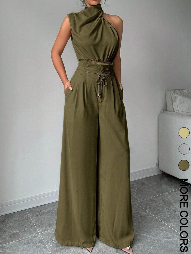 Valentine's Day Women's Solid Color Crop Tank Top & Wide Leg Pants Two-piece Set, Elegant Fashion Casual Top & Trousers for Daily Outdoor Wear, Women's Clothing for Summer