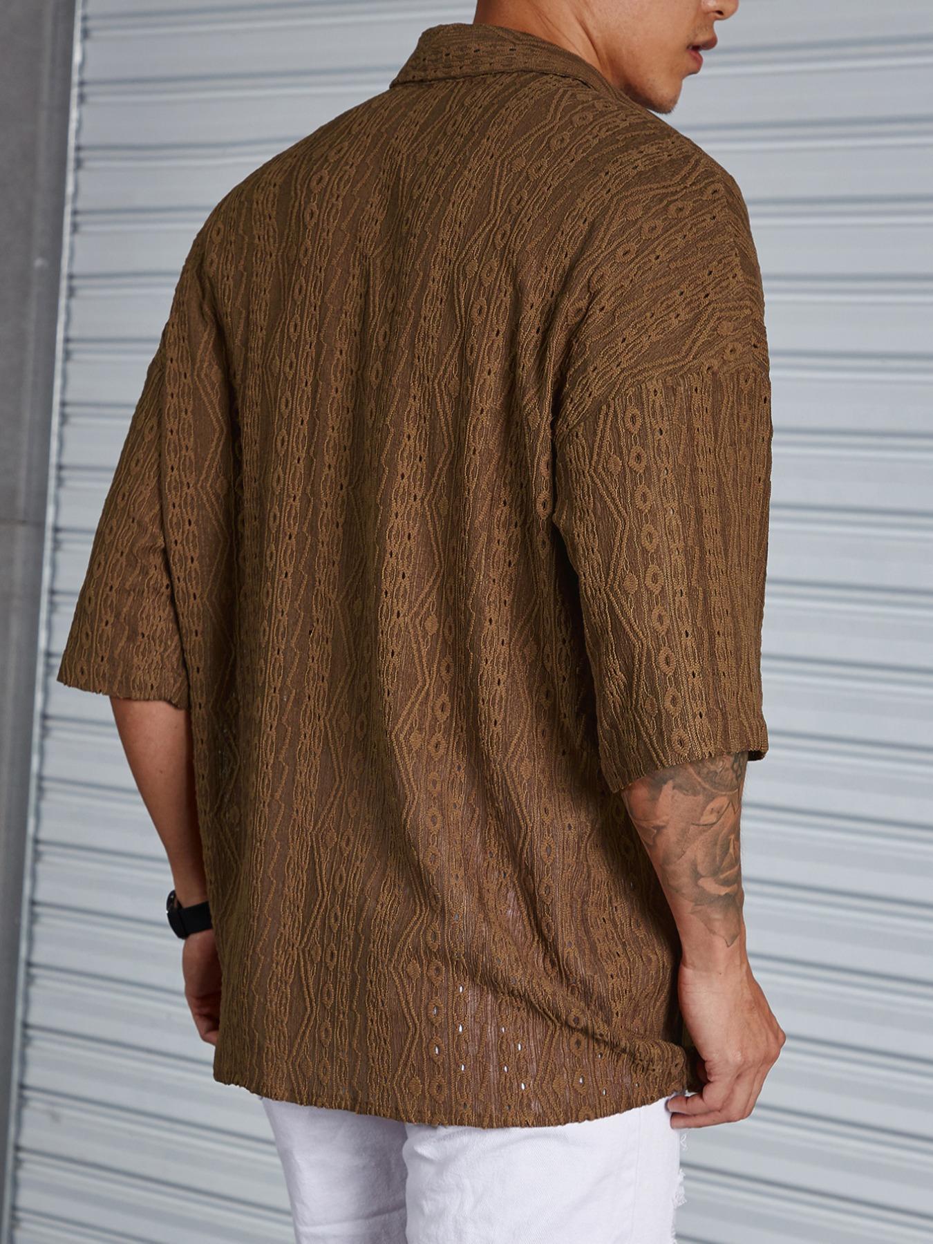 Men's Plain Hollow Out Drop Shoulder Loose Shirt, Casual Button Front ...