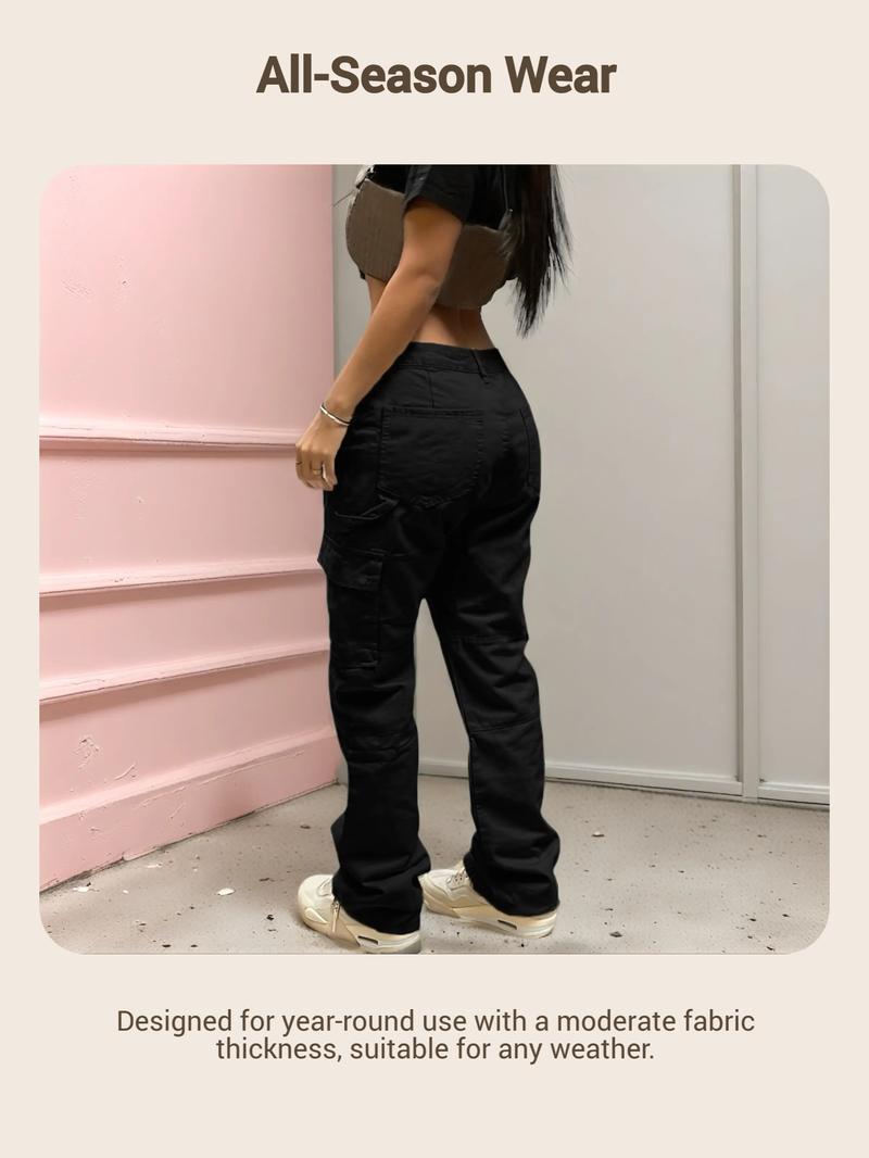 GILIPUR Y2K Women's Solid Multiple Pockets Cargo Pants, Plain Comfort Basic Streetwear Casual Comfy Pocket Design Trousers For Daily Wear, Going Out Bottoms, Autumn And Winter Women's Baggy Clothing, Womenswear, Casual Fit Trousers, Lady Loose Clothe