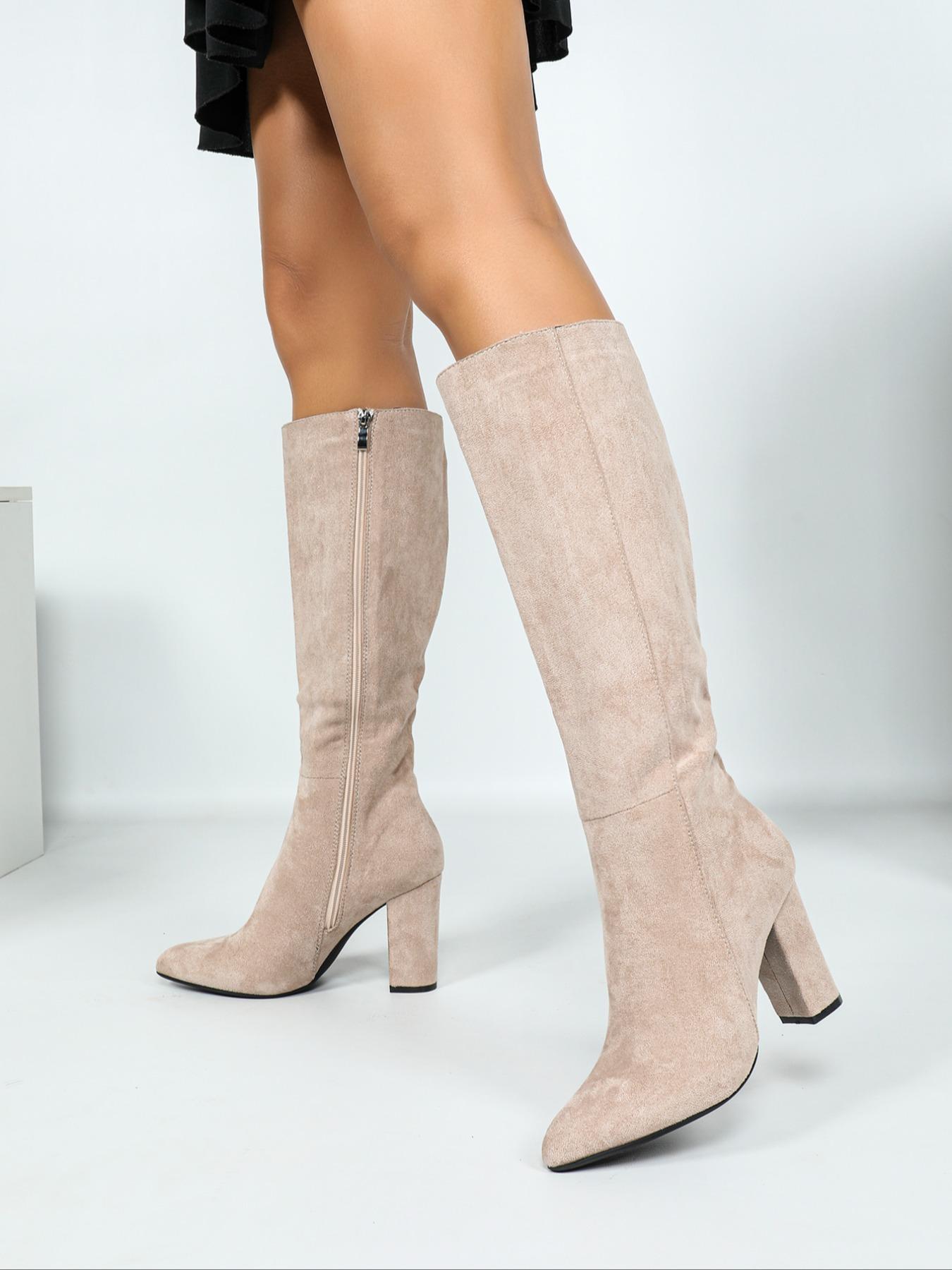 Women's Fall Fashion Pointed Toe High Heel Boots, Elegant Side Zipper Knee-High Shoes, Comfortable Autumn Winter Footwear, Pointed Toes Boots