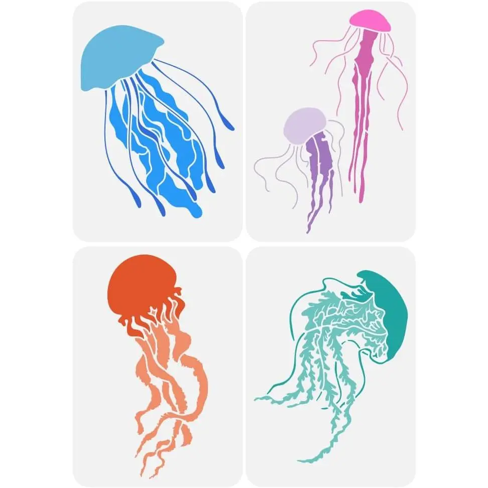4 count 4 Styles Jellyfish Stencil for Painting 8.3x11.7inch  Sea Life Stencils Jellyfish   Theme Stencil for Painting  Wall  Canvas Fabric Floor Furniture