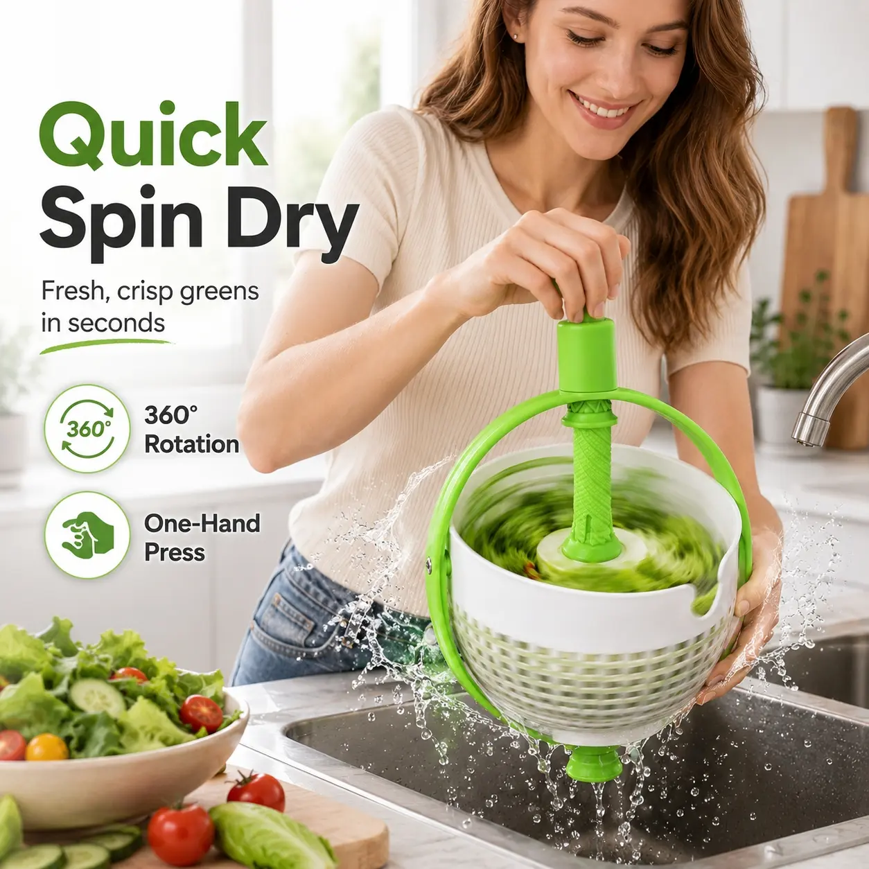 2-in-1 Easy-to-Use Salad Spinner & Straining Colander, Lettuce Spinner,White Green 360° Spin Fruit & Vegetable Washer Dryer with Comfort Grip Non-Slip Handle, Fast Drain Basket for Lettuce, Fruits, Berries, Pasta, Kitchen Meal Prep & Fresh Salad Serving