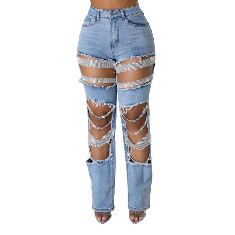 Women Fashion Pearl Beading Ripped Hollow Out Tassel Wide Leg Jeans 2024 New Summer Street Denim Pants