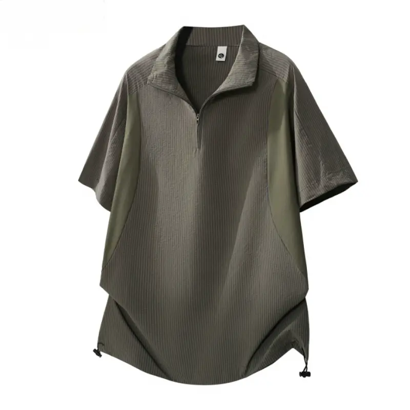 Men's Stylish Colorblock Splicing Half-Zip Stand Collar Shortsleeve Polo T-Shirt - Loose, Oversized, Wrinkle-Resistant, Quick-Dry Textured Fabric, Adjustable Bottom Drawstring, Machine Washable Casual Sports Streetwear Top For Daily Travel Outfits, 2XL, H
