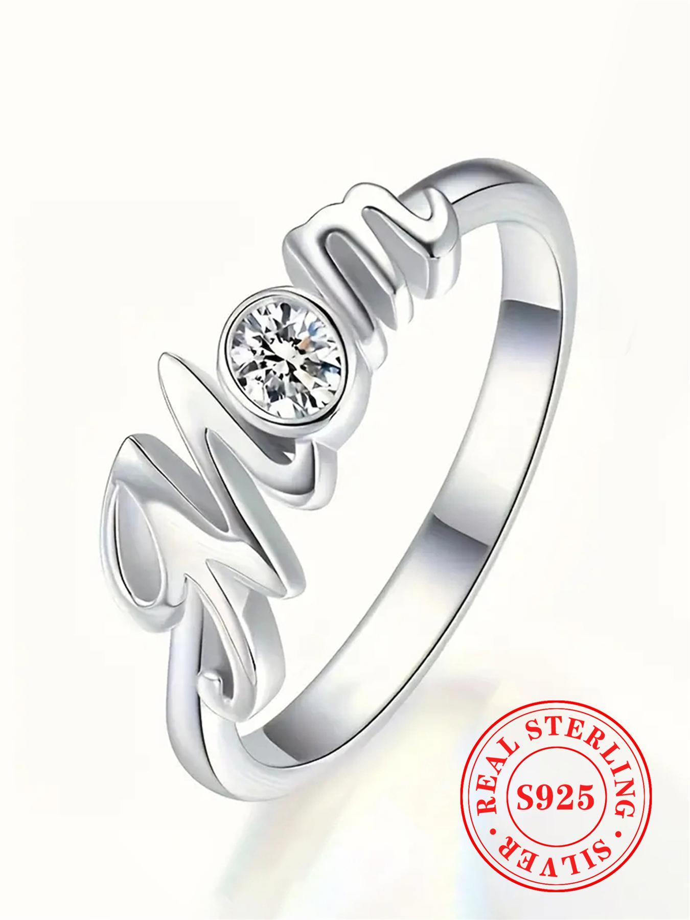 925 Sterling Silver Fashion Mom Letter Design Ring, Rhinestone Decor Ring for Women, Trendy All-match & Exquisite Jewelry for Birthday Gift, Statement Rings