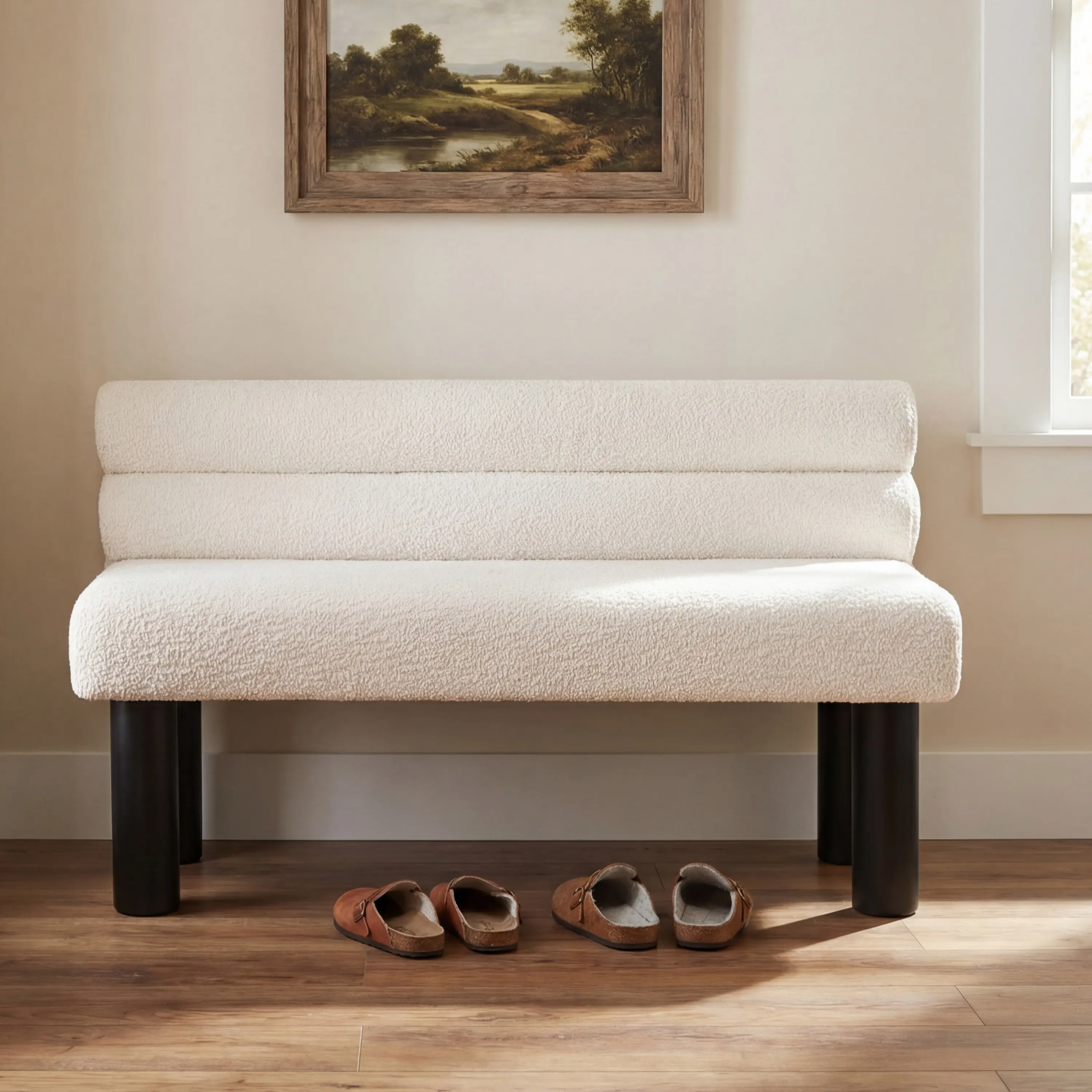 ARCH Upholstered Dining Bench with Rubber Wood Legs, 300 lbs Support, Comfortable Upholstery Fabric Seat, End-of-Bed Seat, Assembly May Be Required, Versatile Indoor Furniture for Dining Room, Entryway