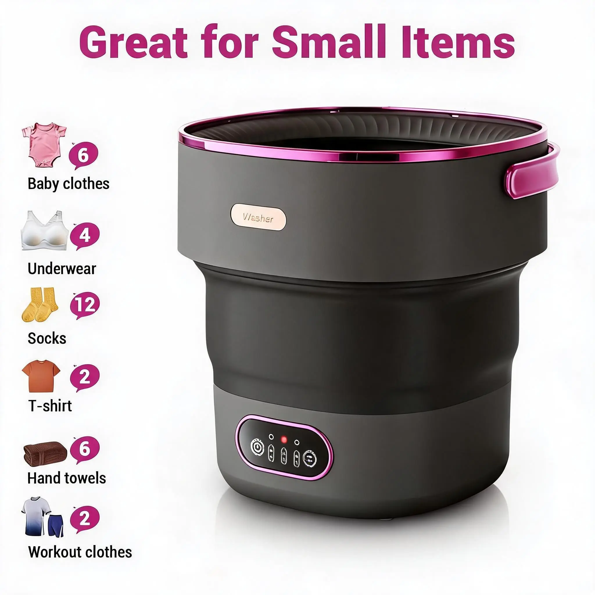 Space-Saving & Portable Gray White 13L Collapsible ABS Plastic Washing Machine - Quiet Compact Design with 3 Wash Modes, Spin Basket, Lid, Baby Clothes Ready for Compact Living, Apartments, RVs
