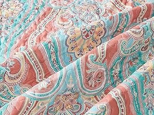 Vibrant Boho King Size Reversible Bohemian Striped Bedspread Comforter Microfiber Coverlet Bedding Set with Pillow Shams