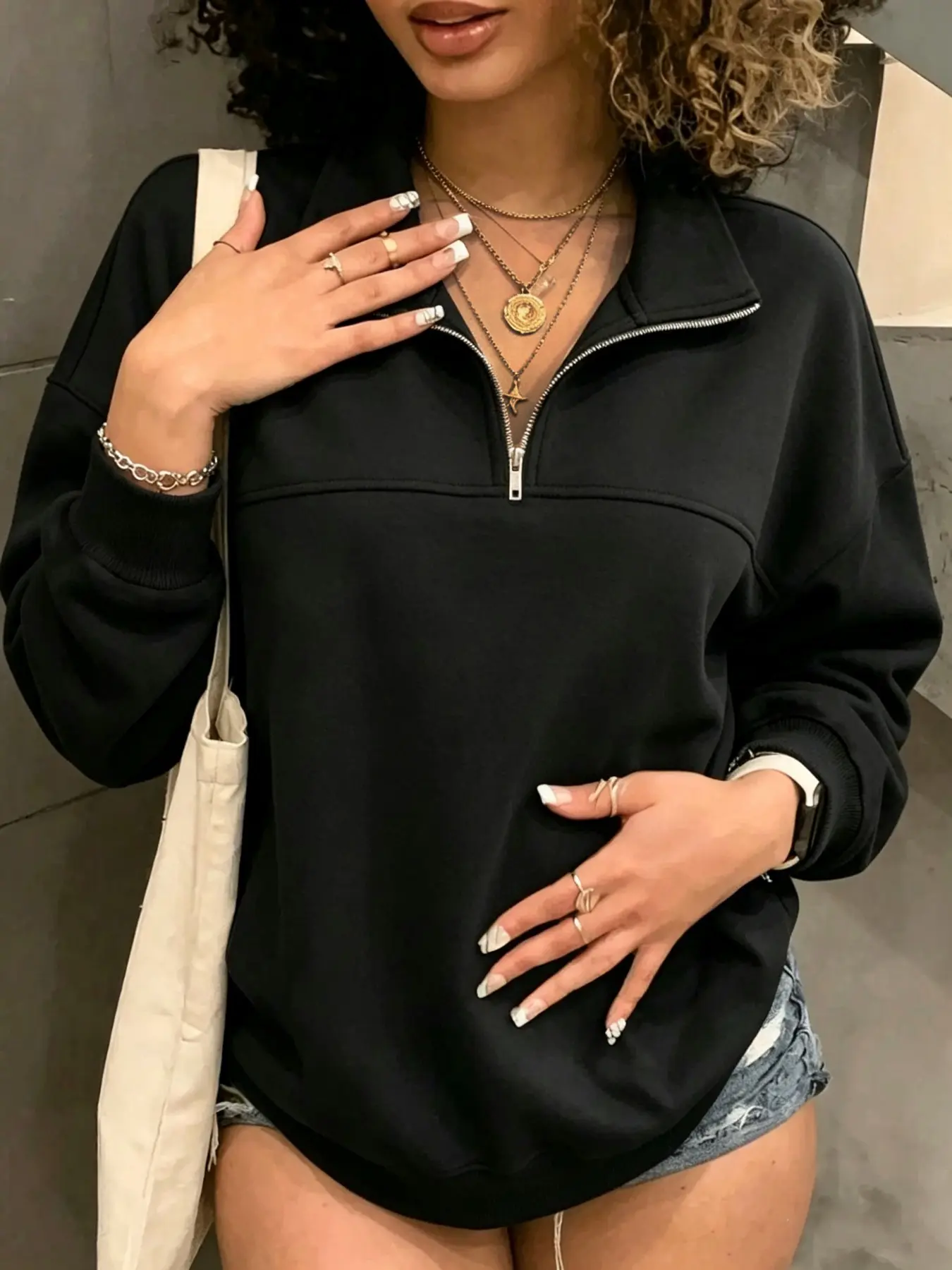 Women's solid color loose fit half zipper pullover, return to school clothing, graduation, women's teacher clothing, daily casual clothing, return to school pullover autumn and winter clothing