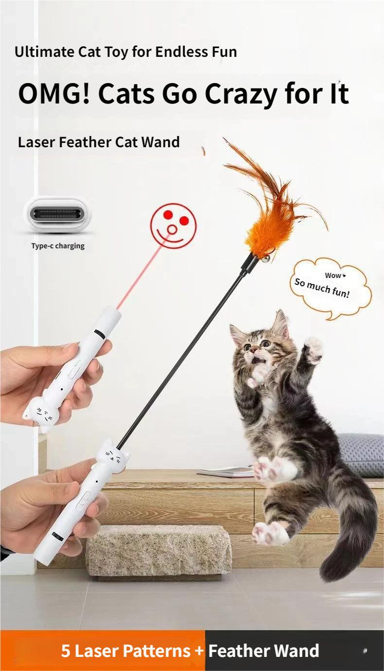 Multi-Function Cat Teaser Wand With Laser & Feather, Rechargeable Interactive Cat Toy With 5 Laser Patterns, Detachable Feather With Bell, Type-C Charging Wand For Indoor Cats, Daily Enrichment Play For Kittens & Adult Cats
