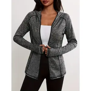 Women's Slim-Fit Hooded Zip-Up Sweatshirt, Women's Rib- Zip-Up Drawstring Hooded Long Sleeve Bodycon Cropped Jacket, Solid Color Long Sleeve Zip-Up Front Pocket Hooded Jacket Outerwear, Women's Clothing Suitable for All Seasons, Single Outerwear