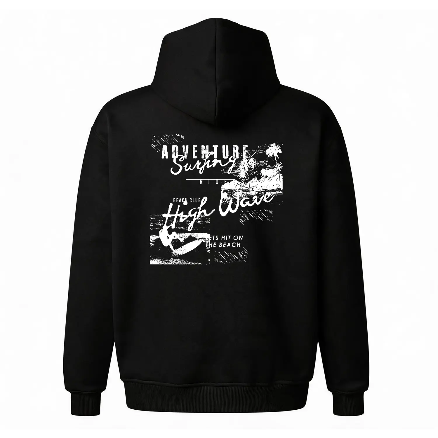 Vintage Surf "High Wave" Graphic Hoodie |   Coastal Aesthetic Back Print Sweatshirt |   Retro Beach Summer Pullover |   Oversized Unisex Fleece Top |   Palm Tree Streetwear for Men & Women