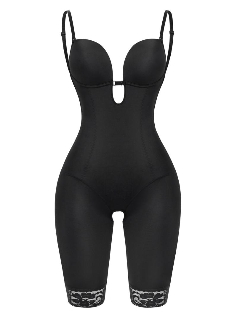 Women's Contrast Lace Cut Out Shapewear Bodysuit, Adjustable Strap Criss Cross Cami Shapewear, Tummy Control High Stretch Shapewear For Daily Wear