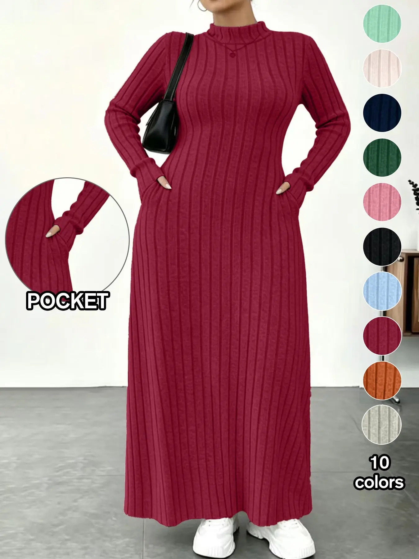 Plus Size Women's Knit Long Skirt, 11 Colors Available, High Neck Design, Side Pockets, Loose Fit, Casual Daily Wear, Home & Travel