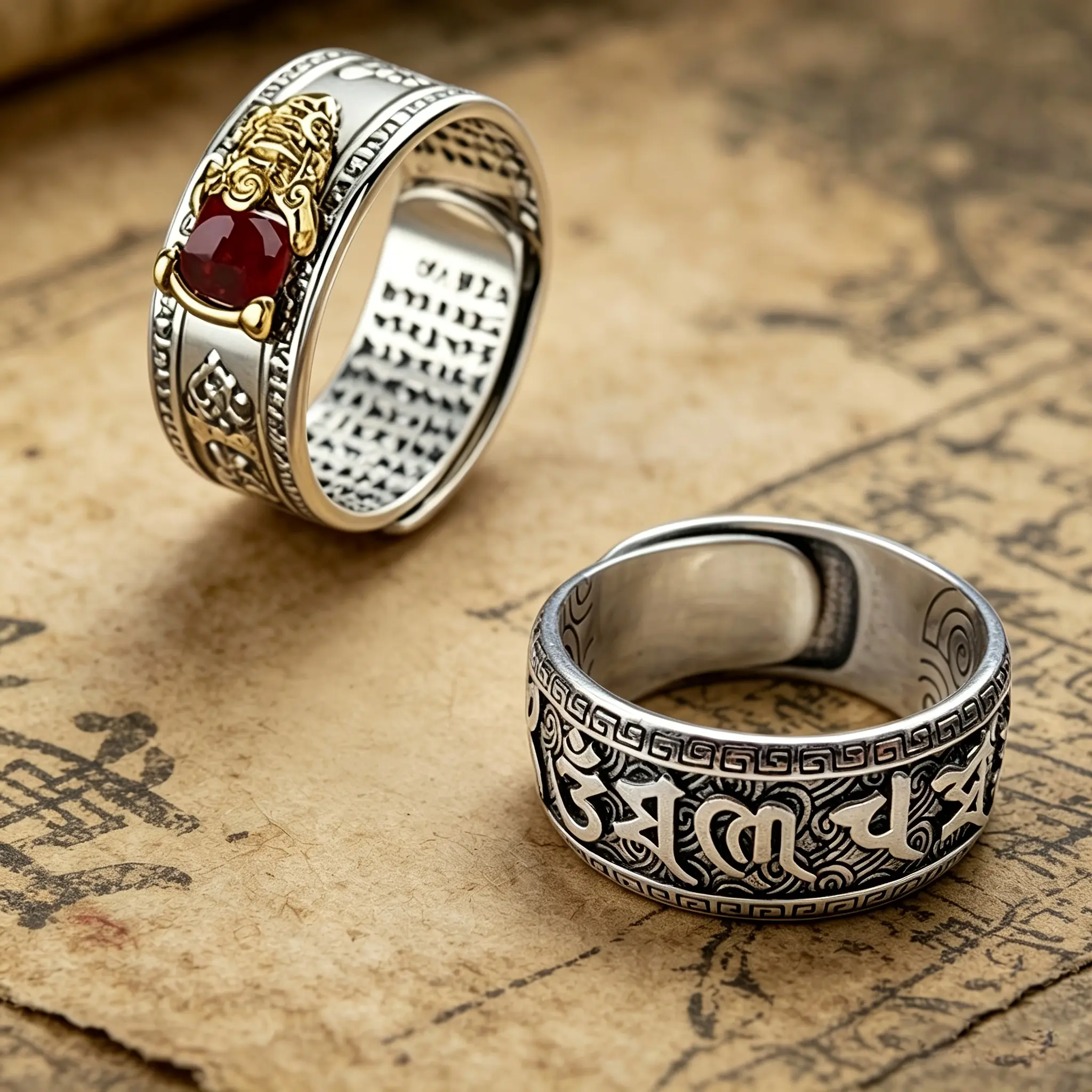 Unisex 2-Piece Vintage Anti-Tarnish Stainless Steel Ring Stack, Engraved Letters Bands with Inlaid Auspicious Red Stones, Classic-Alt-Style Alternative Fashion Rings for Daily Casual Wear, Couple Anniversary Gift Jewelry